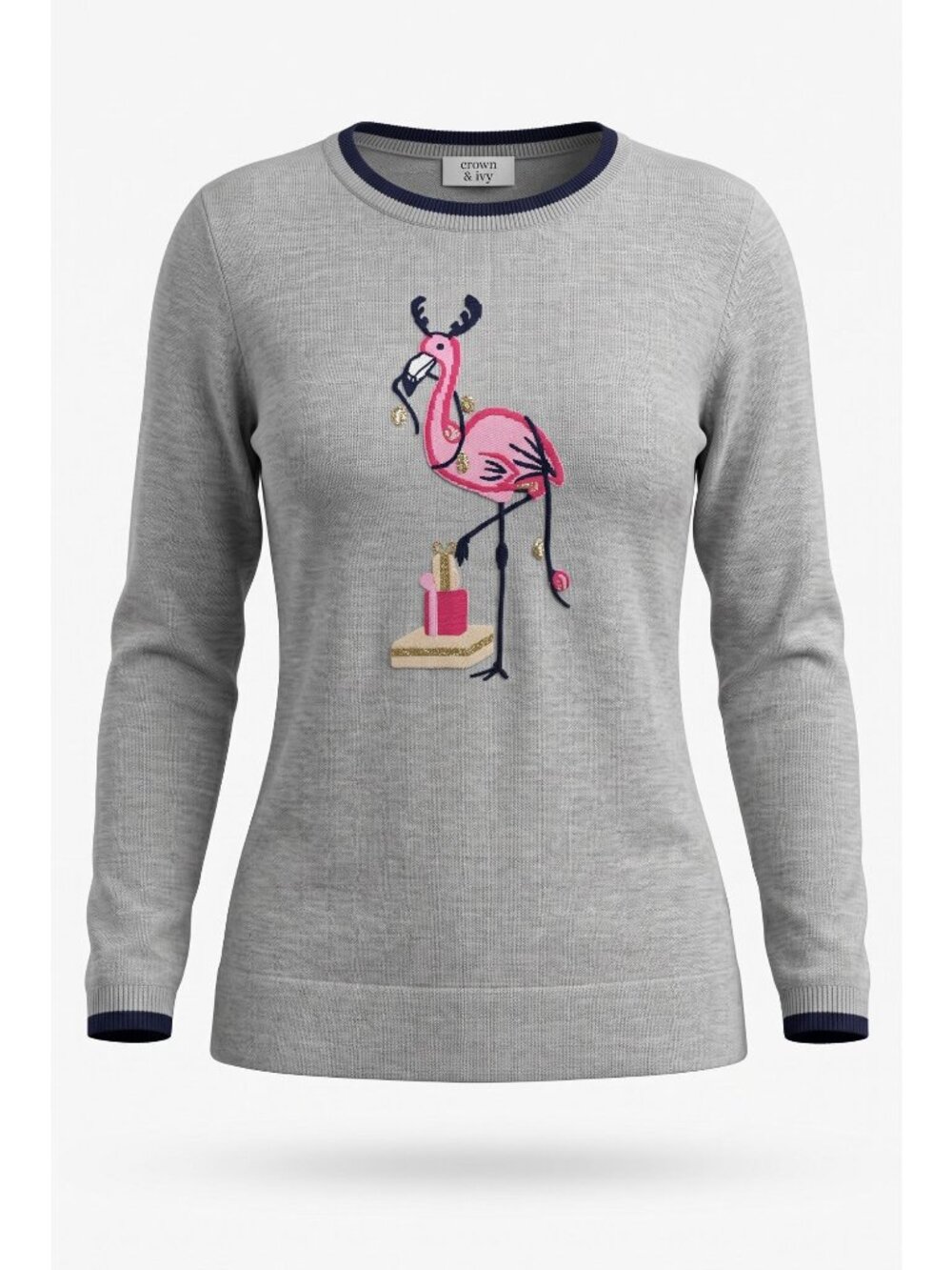 Crown & Ivy Women's Small Flamingo Christmas Sweater Gray Cotton Holiday Preppy